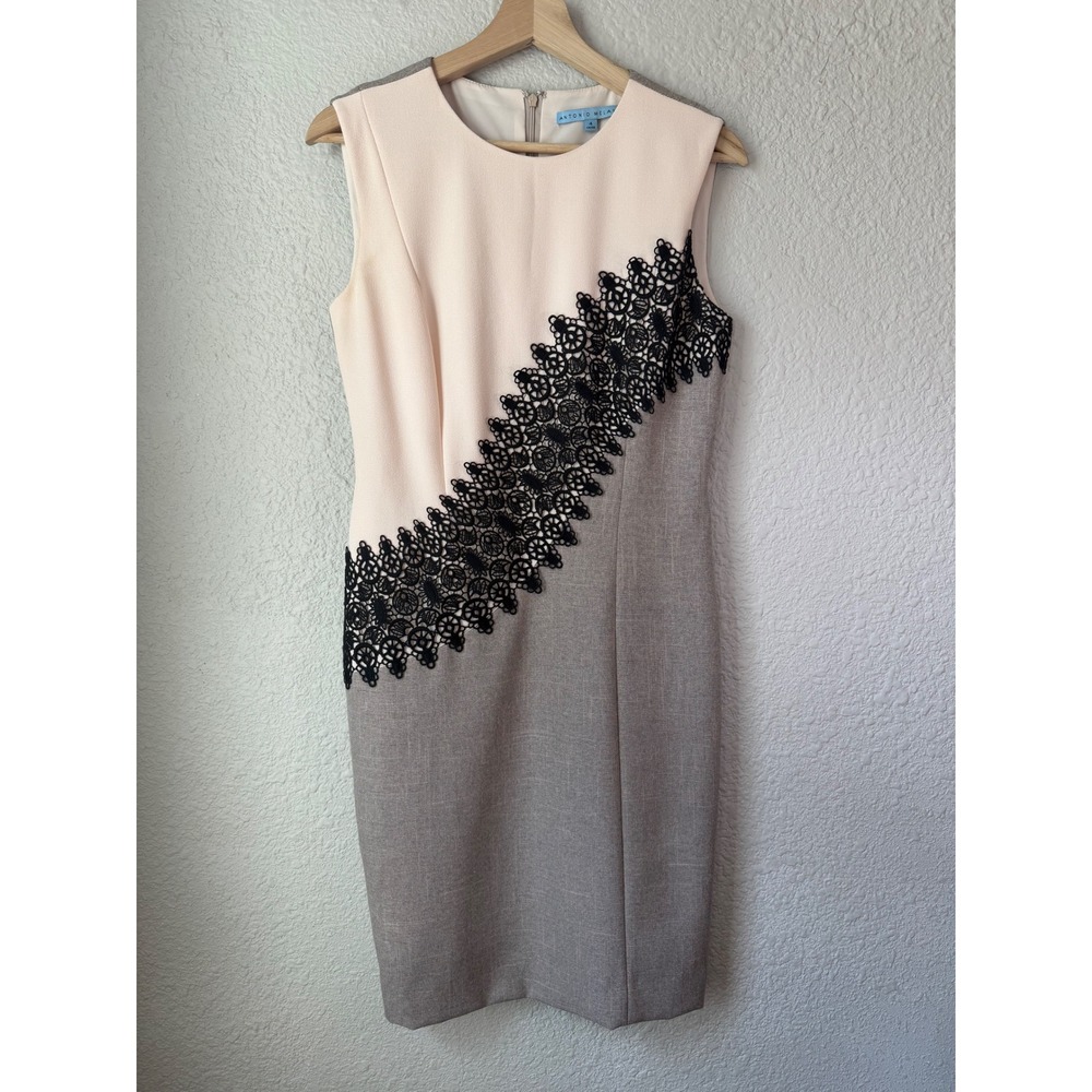 Antonio Melani Taupe Black Lace Applique Sheath Cocktail Dress 4‎